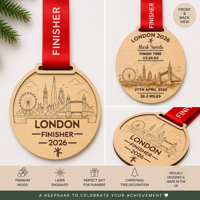 Marathon circular wooden finisher medal featuring a laser-engraved London skyline, including the London Eye, Big Ben, and Tower Bridge. The text reads LONDON FINISHER 2026 with a runner icon. It includes a red ribbon with the word FINISHER. , Custom engraved with name , race finish time, year and date , Abbots world Marathon series. Christmas gift for Runner