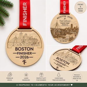 Personalised Boston Marathon Medal Finisher Christmas tree orament, Custom Engraved Bauble running gift, runners christmas gift, Personalized engraved with name , race finish time, year and date , Abbots world Marathon series. Gift for runner