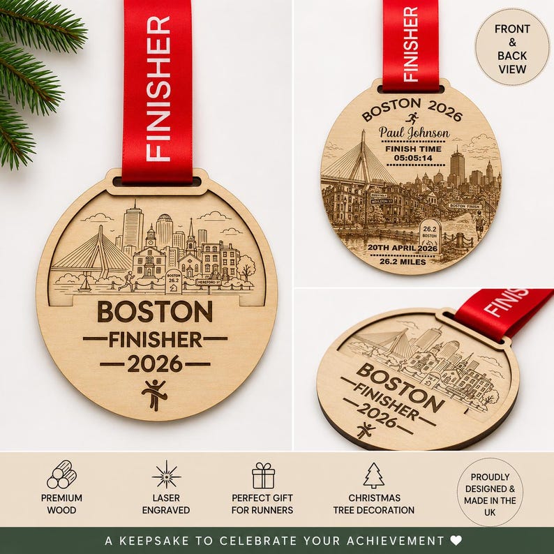 Personalised Boston Marathon Medal Finisher Christmas tree orament, Custom Engraved Bauble running gift, runners christmas gift, Personalized engraved with name , race finish time, year and date , Abbots world Marathon series. Gift for runner