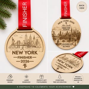 Personalised New York Marathon Medal Finisher Christmas tree orament, Custom Engraved Bauble running gift, runners christmas gift, Personalized engraving with name , race finish time, year and date , Abbots world Marathon series. Running Gift