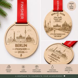 Personalised Berlin Marathon Medal Finisher Christmas tree orament, Custom Engraved Bauble running gift, runners christmas gift,  Personalized engraved with name , race finish time, year and date , Abbots world Marathon series. Running gift, Christmas Gift for Runner