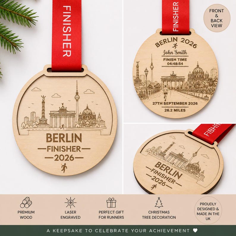 Personalised Berlin Marathon Medal Finisher Christmas tree orament, Custom Engraved Bauble running gift, runners christmas gift,  Personalized engraved with name , race finish time, year and date , Abbots world Marathon series. Running gift, Christmas Gift for Runner