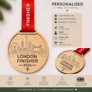Personalised London Marathon Medal Finisher Christmas tree ornament, Custom engraved with name , race finish time, year and date , Abbots world Marathon series.