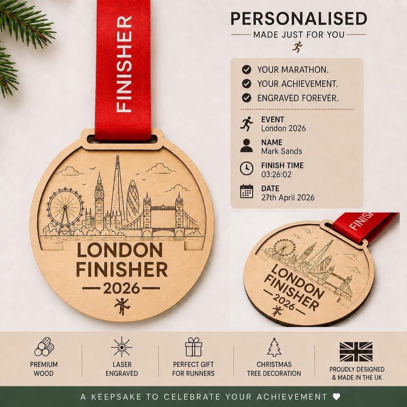Personalised London Marathon Medal Finisher Christmas tree ornament, Custom engraved with name , race finish time, year and date , Abbots world Marathon series.