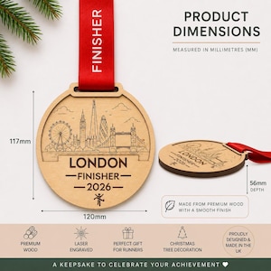 Personalised wooden London Marathon Running Medal Finisher Christmas tree ornament Bauble Runners Gift, Abbots world Marathon series.