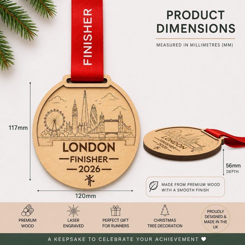 Personalised wooden London Marathon Running Medal Finisher Christmas tree ornament Bauble Runners Gift, Abbots world Marathon series.