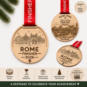 Personalised Rome Marathon Medal Finisher Christmas tree orament, Custom Engraved Bauble running gift, runners christmas gift, Personalized engraving with name , race finish time, year and date , Running Gift, Christmas gift for runner