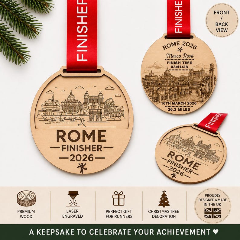 Personalised Rome Marathon Medal Finisher Christmas tree orament, Custom Engraved Bauble running gift, runners christmas gift, Personalized engraving with name , race finish time, year and date , Running Gift, Christmas gift for runner