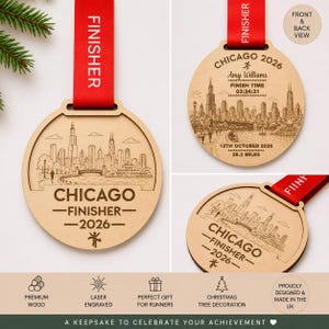 Personalised Chicago Marathon Medal Finisher Christmas tree orament, Custom Engraved Bauble running gift, runners christmas gift, Personalized engraved with name , race finish time, year and date , Abbots world Marathon series. Runners christmas gift