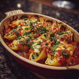 Peut inclure: Un plat de pâtes farcies, composé de grandes coquilles farcies d'un mélange crémeux, recouvertes de sauce tomate et de fromage fondu, garnies d'herbes vertes fraîches. Le plat est dans un plat à four ovale rouge et beige.