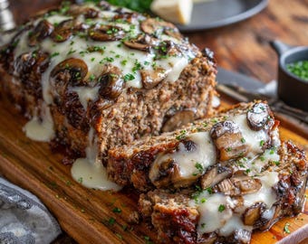 Ricetta del polpettone di manzo con funghi, pancetta e formaggio svizzero | Polpettone di manzo succoso con formaggio | Cena facile e confortante | Ricetta stampabile in PDF