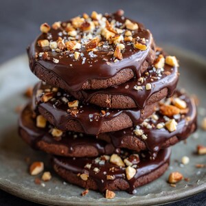 Peut inclure: Une pile de cinq biscuits au chocolat recouverts d'un glaçage au chocolat noir et de noix hachées. Les biscuits sont disposés sur une assiette vert clair. Le glaçage dégouline sur les côtés et les noix sont saupoudrées sur le dessus.