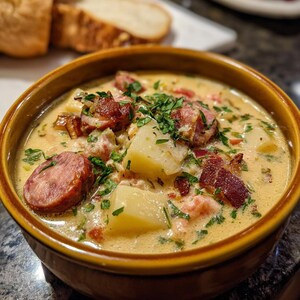 May include: A creamy soup in a round brown bowl containing chunks of yellow potatoes, sliced brown sausage, and crispy bacon bits, all garnished with fresh green herbs. The soup has a light tan, opaque broth base with visible textured ingredients.