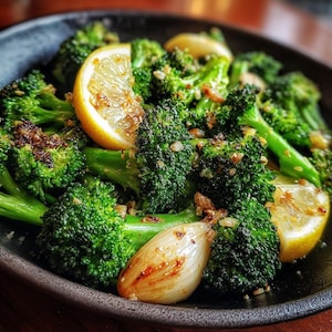 Op de afbeelding: Een close-up van een bord met gekookte broccoliroosjes, gegarneerd met citroenpartjes en een geroosterde knoflookteen. De broccoli is heldergroen en het gerecht is gekruid met specerijen. Het donkere bord zorgt voor een contrast met het eten.