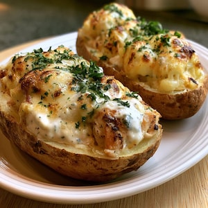 May include: Two baked potatoes served on a white plate, each split open and filled with a creamy white sauce, melted golden-brown cheese, and topped with a generous sprinkling of fresh green chopped herbs, creating a textured appearance.