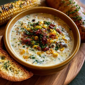 May include: A creamy corn chowder in a round brown bowl, topped with crispy bacon bits, fresh green herbs, and yellow corn kernels. The soup is served with a side of toasted bread and a whole grilled corn cob, all arranged on a wooden board.