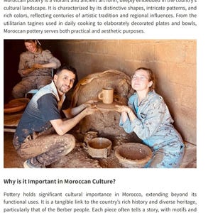 Puede incluir: Imagen de cerámica marroquí tradicional con artesanos. Un hombre y una mujer trabajan con arcilla, dando forma a una taza. La escena se desarrolla en un entorno rústico, destacando la importancia cultural de la cerámica en Marruecos.