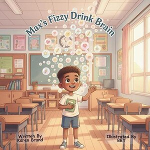 May include: Illustration of a young boy in a classroom setting, holding a green book and smiling. The image features the title "Max's Fizzy Drink Brain" with bubbles and various emojis floating above the boy's head. The classroom has desks, a chalkboard, and posters.