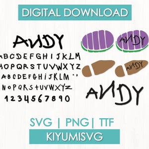May include: A digital download file containing a complete alphabet in uppercase letters, numbers 0-9, and the name Andy written in a handwritten style. Includes two purple and green shoe sole graphics and two brown shoe sole graphics with Andy.