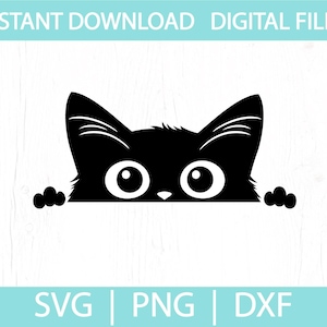 Puede incluir: Silueta negra de un gato asomándose por encima de una superficie blanca. El gato tiene ojos grandes y redondos y orejas puntiagudas. La imagen incluye el texto "INSTANT DOWNLOAD DIGITAL FILE" en la parte superior y "SVG | PNG | DXF" en la inferior.