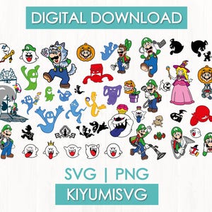 Puede incluir: Una colección de descarga digital de ilustraciones gráficas coloridas que presentan a Luigi, la Princesa Peach, varios fantasmas, calabazas y criaturas sobrenaturales. El texto DIGITAL DOWNLOAD, SVG | PNG y KIYUMISVG aparece en cuadros.