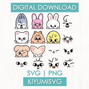May include: A digital download collection featuring various cartoon animal faces and character heads in a grid layout. The graphic includes text that reads DIGITAL DOWNLOAD, SVG | PNG, and KIYUMISVG, showcasing colourful, stylised animal illustrations.
