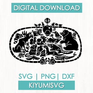 Op de afbeelding: Een zwart digitaal grafisch ontwerp met een verzameling diverse bosdieren gerangschikt binnen een ovale rand, bekroond met een robotkop-icoon. De tekst luidt DIGITAL DOWNLOAD, SVG | PNG | DXF en KIYUMISVG.