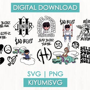 Puede incluir: Conjunto gráfico de descarga digital con diseños como "SAD BOYZ," "JUNIOR," y "BÉLICOS SOMOS." Incluye ilustraciones de una persona en un columpio, un perezoso en un dragón y corazones rotos. Formatos SVG y PNG.