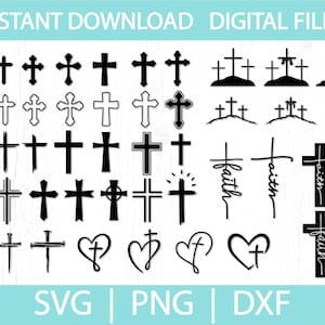 Puede incluir: Una colección de diseños de cruces negras en varios estilos, incluyendo versiones sólidas, delineadas y estilizadas. Algunas cruces están emparejadas con corazones o la palabra "Faith". La imagen incluye el texto "INSTANT DOWNLOAD DIGITAL FILE" y "SVG | PNG | DXF".