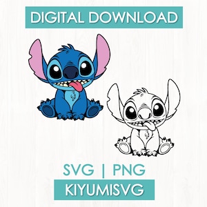 Puede incluir: Un archivo de descarga digital con dos ilustraciones de un personaje alienígena azul con orejas grandes y la lengua fuera. Una versión es a todo color con tonos azules y rosas, mientras que la otra es un dibujo lineal en blanco y negro. Texto: DIGITAL DOWNLOAD, SVG | PNG, KIYUMISVG.