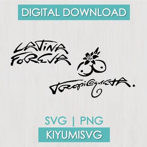 Puede incluir: Un diseño gráfico digital negro que presenta el texto LATINA FOREVER y Tropicoqueta con una ilustración estilizada de una flor sobre dos formas circulares. La imagen incluye el texto DIGITAL DOWNLOAD, SVG, PNG y KIYUMISVG en recuadros de color verde azulado.