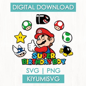 Puede incluir: Ilustración digital colorida con Mario y elementos icónicos del juego. El texto "SUPER BIRTHDAY BOY" se destaca, junto con "DESCARGA DIGITAL", "SVG | PNG" y el nombre del vendedor. Ideal para celebraciones de cumpleaños.
