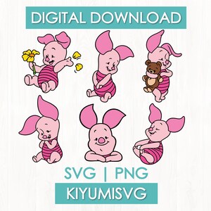 Puede incluir: Descarga digital con seis ilustraciones de un personaje de cerdo rosa en varias poses. El cerdo lleva un atuendo a rayas rosas y rojas. La imagen incluye el texto "DESCARGA DIGITAL", "SVG | PNG" y "KIYUMISVG".