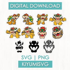 Puede incluir: Una colección de descarga digital que presenta a Bowser de Super Mario en varias poses, incluyendo seis ilustraciones a todo color, dos siluetas negras sólidas y un gráfico de mosaico negro, todo sobre un fondo blanco.