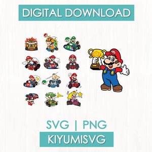 Puede incluir: Un archivo de descarga digital que contiene una colección de coloridas ilustraciones de personajes de Mario Kart, incluyendo varios corredores en karts y un gráfico grande de Mario sosteniendo un trofeo dorado. El texto dice DIGITAL DOWNLOAD, SVG | PNG, KIYUMISVG.
