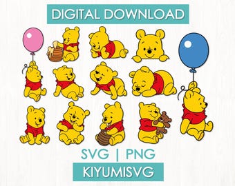May include: Digital download featuring multiple illustrations of a yellow bear in various poses, wearing a red shirt. Some images include a pink and blue balloon, a honey pot, and a teddy bear. Text at the top reads "DIGITAL DOWNLOAD".
