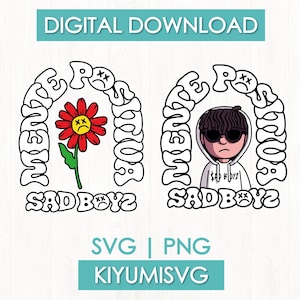 Puede incluir: Dos diseños gráficos digitales con el texto MENTE POSITIVA y SAD BOYZ en fuente ondulada. Un diseño muestra una flor roja con cara triste, el otro muestra a una persona con sudadera y gafas de sol con expresión triste.