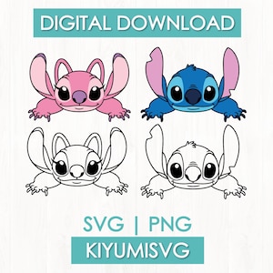 Puede incluir: Una descarga digital con cuatro ilustraciones de los personajes Angel y Stitch. Dos están coloreadas en rosa y azul, mientras que dos son contornos en blanco y negro. El texto dice DIGITAL DOWNLOAD, SVG | PNG y KIYUMISVG.