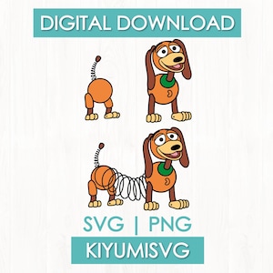 Puede incluir: Una descarga digital que muestra un juguete de perro salchicha de dibujos animados con cuerpo de resorte, orejas marrones y collar verde. La imagen incluye el texto DIGITAL DOWNLOAD, SVG | PNG y KIYUMISVG, mostrando el juguete armado y en partes.