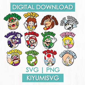 Puede incluir: Gráfico de descarga digital con personajes de dibujos animados coloridos de la serie de videojuegos Super Mario. Los personajes incluyen a Bowser, Daisy, Donkey Kong, Dry Bones, Waluigi, Mario, Luigi, Peach, Wario, Yoshi, Toad y Rosalina.