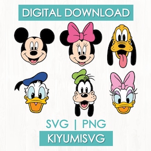 May include: Digital download featuring six cartoon character faces: Mickey Mouse, Minnie Mouse, Pluto, Donald Duck, Goofy, and Daisy Duck. Each character is in a colorful, cartoon style. The image includes the text "DIGITAL DOWNLOAD", "SVG | PNG", and "KIYUMISVG".