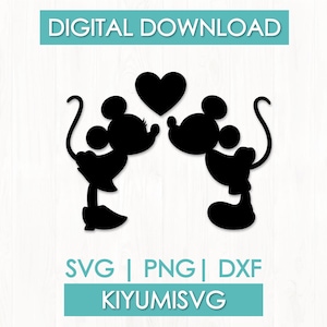 Puede incluir: Un gráfico de silueta negra que muestra dos ratones de dibujos animados frente a frente con un corazón encima. La imagen incluye el texto DIGITAL DOWNLOAD, SVG | PNG | DXF y KIYUMISVG en recuadros rectangulares de color verde azulado.
