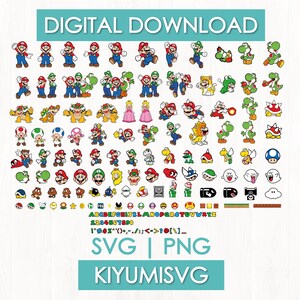 Puede incluir: Una colección de descarga digital que presenta numerosas ilustraciones coloridas de personajes de la franquicia Super Mario, incluidos Mario, Luigi, Yoshi y Bowser, junto con varios elementos de juego, letras del alfabeto, números y símbolos en formatos SVG y PNG.