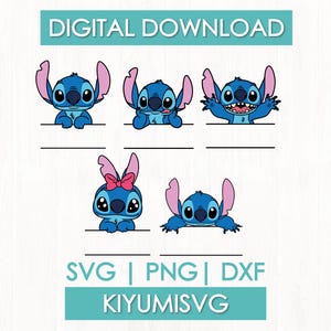 Puede incluir: Un conjunto de gráficos de descarga digital que presenta cinco personajes alienígenas azules en varias poses, cada uno colocado sobre una línea horizontal. El texto dice DIGITAL DOWNLOAD, SVG | PNG | DXF y KIYUMISVG.
