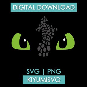 Puede incluir: Un diseño gráfico digital sobre fondo negro con dos ojos de color verde brillante y un patrón central de escamas grises texturizadas. El texto dice DIGITAL DOWNLOAD arriba y SVG | PNG KIYUMISVG abajo en blanco sobre barras turquesas.