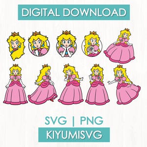 Puede incluir: Una colección de descarga digital con diez ilustraciones distintas de un personaje rubio con vestido rosa, corona dorada y pendientes azules. El texto dice: DIGITAL DOWNLOAD, SVG | PNG, KIYUMISVG. Los gráficos muestran varias poses y expresiones.