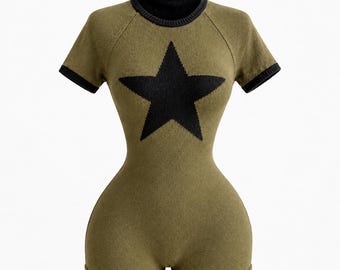 Olive Green Open Back Knit Romper for Women, Short Sleeve Star Print Bodycon Romper, Summer Brunch Outfit, Vacation Outfit, Casual One Piece