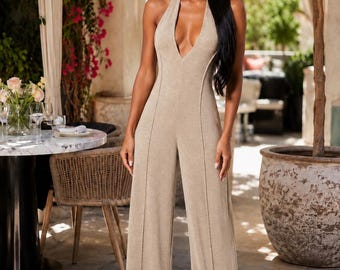 Women’s Soft Luxe Halter Jumpsuit | Deep V Neck Wide Leg One Piece | Stretch Cotton Blend Romper | Brunch Outfit | Vacation Resort Wear