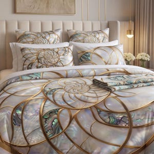 May include: A bedding set featuring a duvet cover and matching pillowcases with a repeating pattern of iridescent mother-of-pearl shell segments outlined in metallic gold lines, creating a circular, geometric design on a white background.