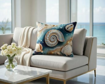 Fronha de luxo com conchas marinhas | Capa de almofada iridescente com náutilo e decoração costeira oceânica